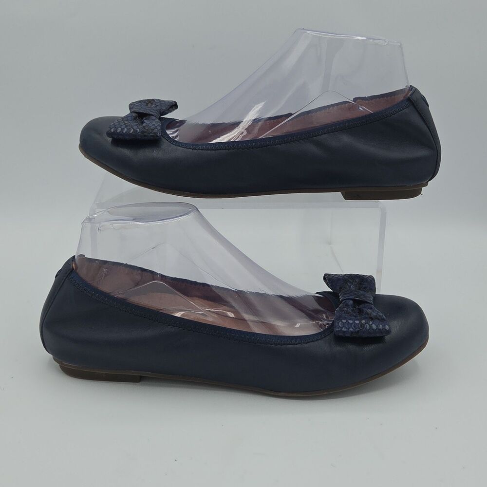 Vionic Zelda Navy Leather Flats Snakeskin Print Bow Comfort Shoes Womens Sz 7.5
